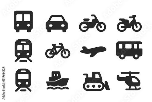 Various modes of transportation illustrated in simple black silhouettes against a clean white background