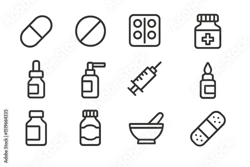 Collection of medical icons illustrating various pharmaceutical products and healthcare tools in a clean design