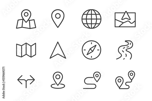 Navigational icons set showcasing various map and location symbols in a minimalist style suitable for digital or print design