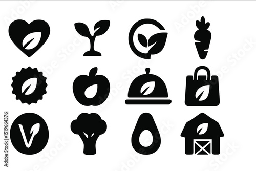 Icon set featuring vegetable and plant symbols showcasing healthy lifestyle choices and sustainable agriculture concepts