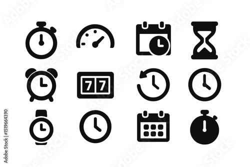 Collection of various clock and timer icons illustrating the concept of time management and measurement of time