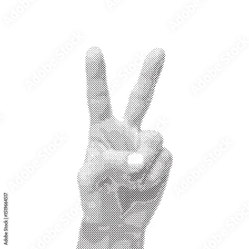 Hand showing peace sign in retro halftone grunge style on isolated white background in vector	