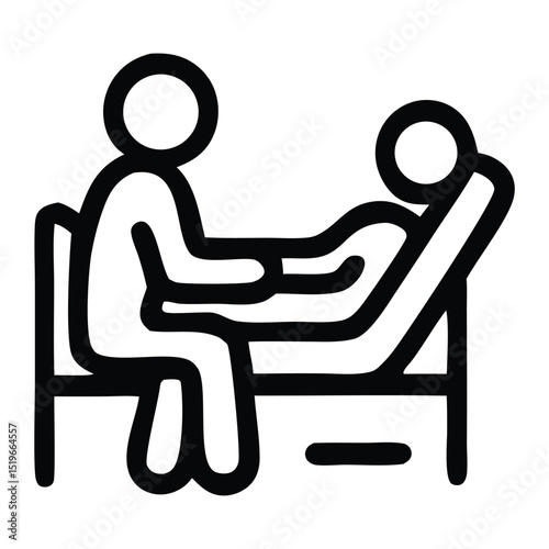 A person sits beside a reclining figure, possibly providing care.