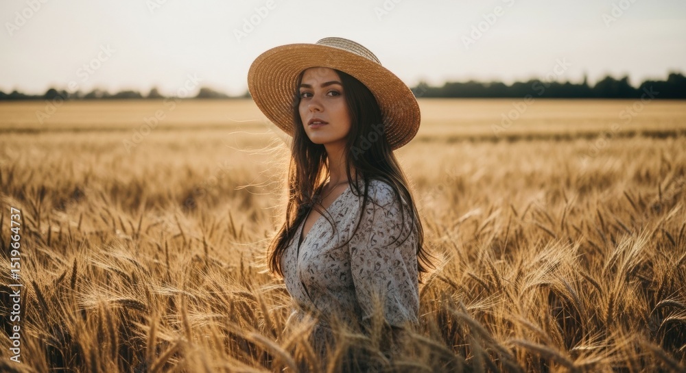 Obraz premium Woman in Floral Dress Standing in Wheat Field