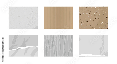 Collection of six different textured paper sheets with varying colors and surface treatments