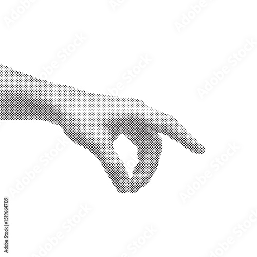 Hand holding something gesture in retro halftone grunge style on isolated white background in vector