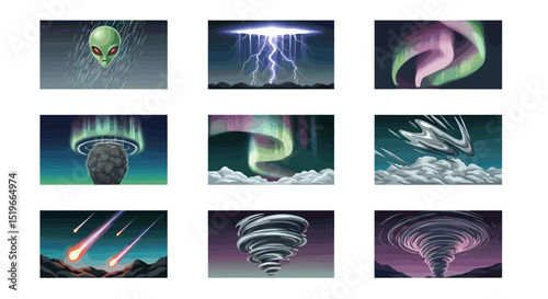 Illustration showcasing alien head, lightning storm, aurora borealis, meteor shower, and tornado depictions