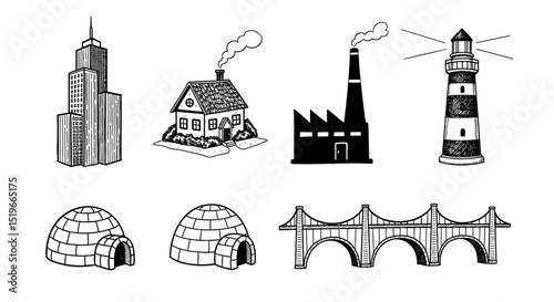 Illustration of various structures including a skyscraper, house, factory, lighthouse, igloos, and bridge