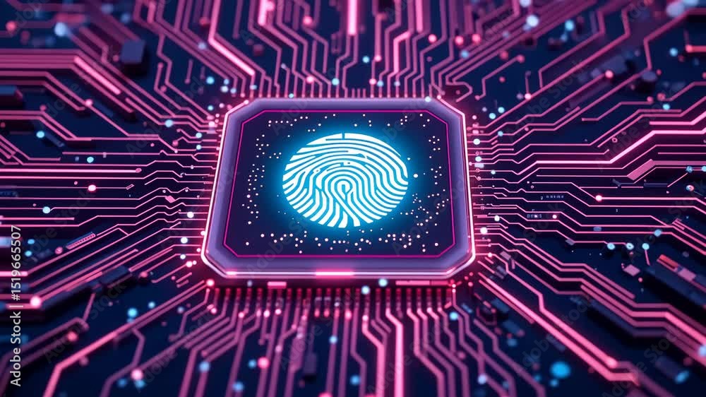 Glowing fingerprint inside futuristic microchip with neon lines on dark background. Concept of cybersecurity and biometric technology