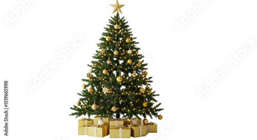 Christmas Tree with Golden Ornaments and Gifts