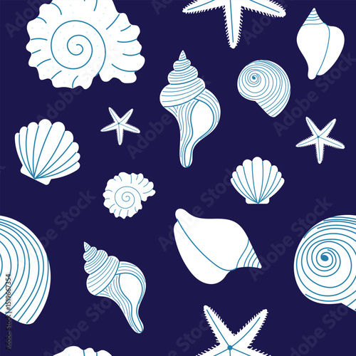 Seamless pattern with seashells and starfish. Nautical marine background on dark navy for beach textile, packaging, wrapping or summer surface design.