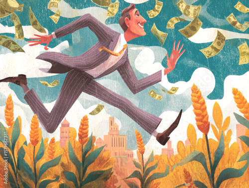 Business Crop Ai Art Man in suit running with money and golden crops.