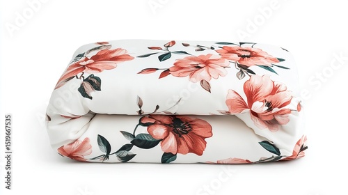 Folded floral duvet cover, showcasing a cream background with vibrant coral-colored flowers and dark green foliage