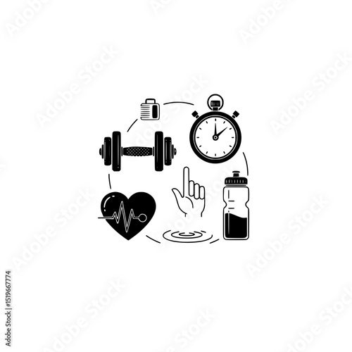 Fitness workout training gym exercise dumbbell heart rate timer water bottle supplements and hand icon set