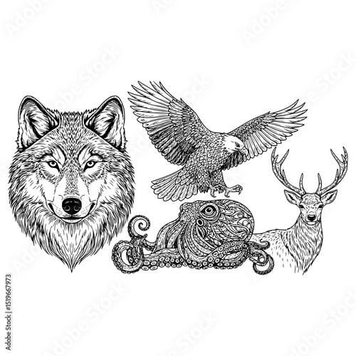 Wolf eagle deer octopus drawing animal illustration wildlife nature art design vector graphic artwork