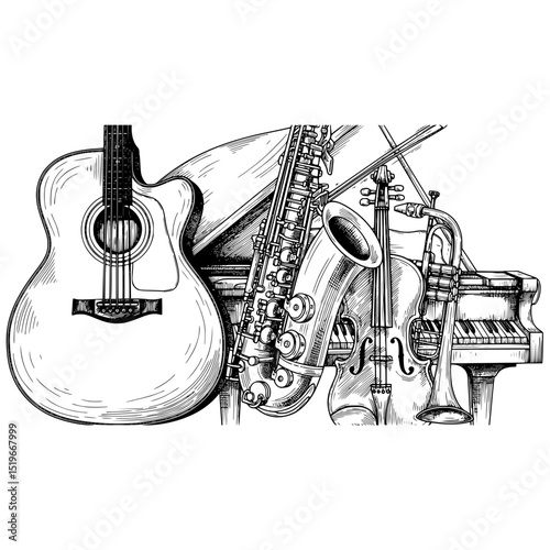 Illustration of musical instruments guitar saxophone piano violin trumpet music band orchestra symphony concert