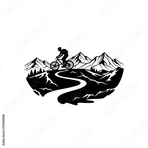 Mountain biking adventure silhouette on trail with mountains and trees landscape vector design, art