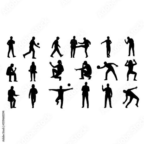 Silhouette people vector art illustration of diverse men and women in various poses and activities design