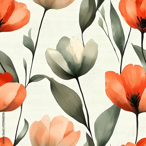 Watercolor Tulip Seamless Pattern. Generative AI