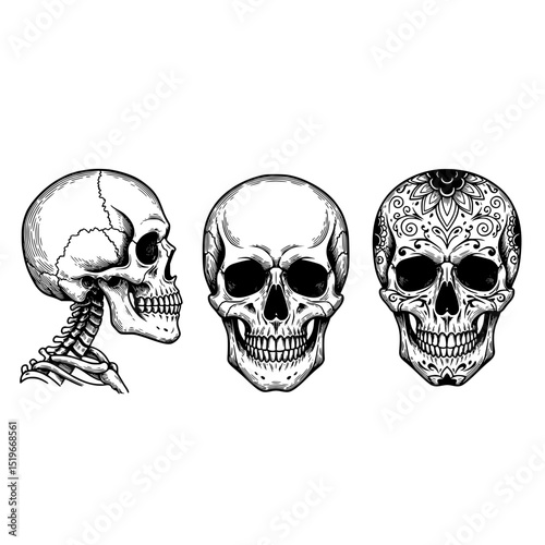 Skulls skeleton anatomy halloween death human bone head drawing tattoo design horror art illustration skull