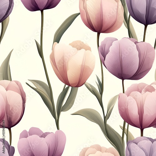 Watercolor Tulip Seamless Pattern. Generative AI
