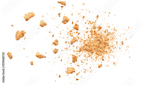 Ground biscuit crumbs flying, isolated on white, top view, clipping path, vector illustration, food texture, baking ingredient, crunchy crumbs, snack crumbs, kitchen essentials.