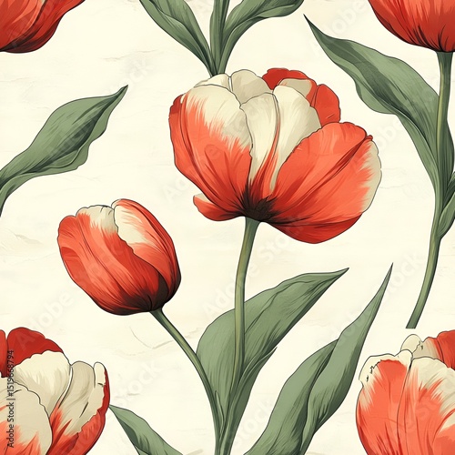 Watercolor Tulip Seamless Pattern. Generative AI