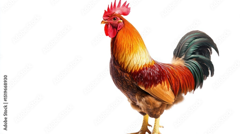 Fototapeta premium Rooster Portrait Against White Background. Possible use for prints, social media, or educational materials