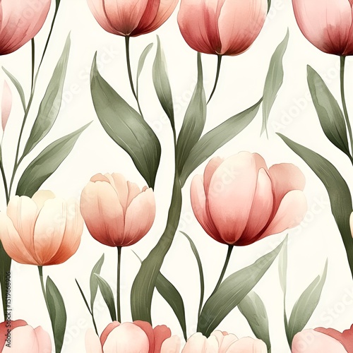 Watercolor Tulip Seamless Pattern. Generative AI