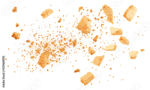 Top view of ground biscuit crumbs flying, isolated on white, clipping path, vector illustration, food preparation, baking crumbs, snack ingredients, texture crumbs, kitchen.