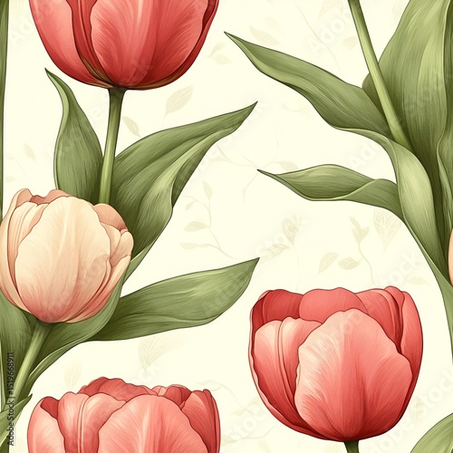 Watercolor Tulip Seamless Pattern. Generative AI