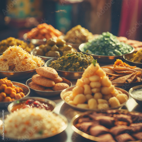 Indian Food - Assorted Traditional Snacks Street Indian Foods on Dishes Festival