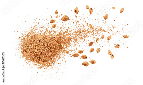 Ground nutmeg powder flying, isolated on white, milled nutmeg powder, aromatic spice, cooking ingredient, vector illustration, healthy seasoning, natural flavoring, organic spices.