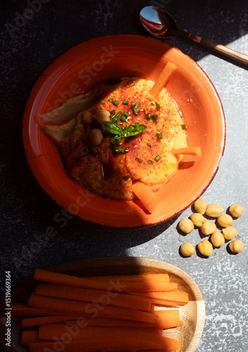 Hummus decorated with paprika, sesame, and basil served with carrot sticks and chickpeas
