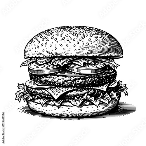 Burger with Cheese and Lettuce in Detailed Black and White Outline Line Art Drawing