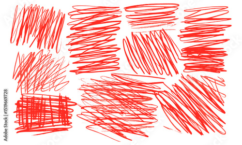 Red marker isolated, grunge scribble set, hatching scrawl line, vector illustration, creative drawing, artistic sketch, hand-drawn design, textured line art, ink drawing, abstract style.