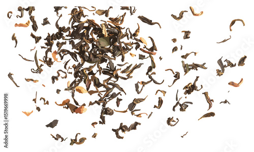Heap Darjeeling Tea dried leaves isolated on white background, top view, vector illustration, fresh organic tea leaves, premium Darjeeling tea, loose leaf tea.