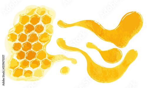 Top view of honey isolated on white, vector illustration, pure honey, sweet liquid, healthy food, raw honey, honey jar, honeycomb texture, natural sweetener.