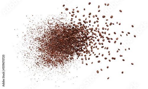 Soluble coffee isolated white clipping, instant coffee granules flying, top view, vector illustration, coffee lovers, caffeine fix, fresh brew, morning routine, hot drink.