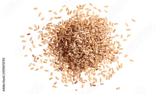 Integral uncooked long grain brown rice pile, top view isolated on white background, vector illustration, organic rice, healthy food, natural grains, white background, raw rice.