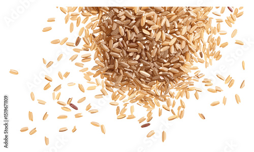 Top view of uncooked long grain brown rice pile isolated on white background, vector illustration, brown rice, healthy eating, food ingredient, natural rice, organic food, cooking.