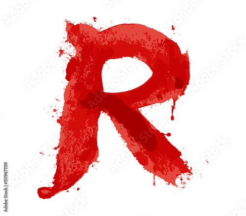Letter R red spray stain isolated on white background, vector illustration, artistic spray effect, red color stain, white background texture, isolated letter art, spray paint art.