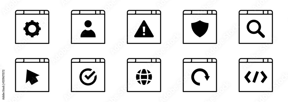 Conjunto de iconos de ventanas de navegador. Configuración, perfil, advertencia, seguridad, búsqueda, interacción, internet, recarga, desarrollo web. Ilustración vectorial