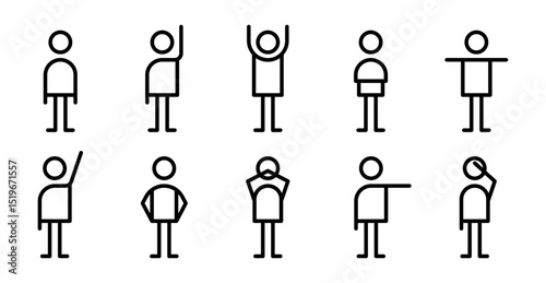 Conjunto de iconos de persona. Posturas expresivas, saludo, celebración, actitud, reflexión, preocupación, sorpresa, confianza. Ilustración vectorial