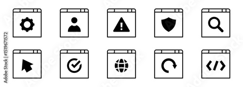 Conjunto de iconos de ventanas de navegador. Configuración, perfil, advertencia, seguridad, búsqueda, interacción, internet, recarga, desarrollo web. Ilustración vectorial