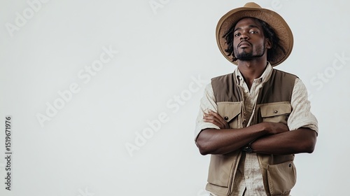 Man in a tan hat and vest, arms crossed, thoughtful pose