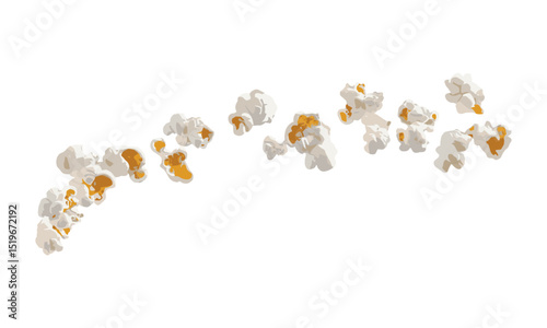 Popcorn flying, isolated on white background, clipping path, vector illustration, snack food, popcorn burst, crispy popcorn, food art, snack explosion, fresh popcorn, culinary illustration.