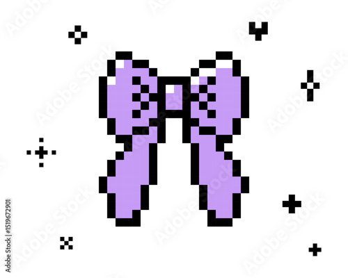 Y2k inspired purple bow knot with long tails pixel art style icon. Vintage retro sticker. Coquette bow emoji. Cute festive badge. Game abstract isolated vector element. 8 bit modern geometric shape