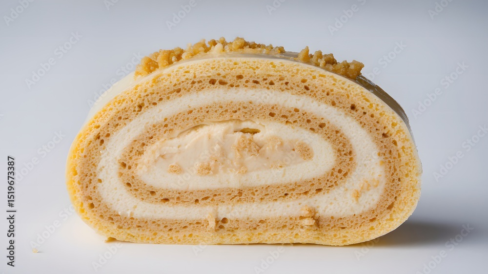 Fototapeta premium A sweet slice of sponge roll cake in close-up view, clean and minimal – sponge roll wallpaper – bakery wallpaper – sponge roll image