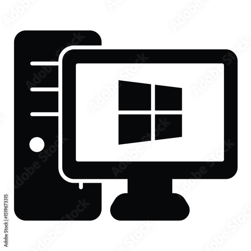 Personal computer with windows solid icon, windows pack concept. Vector graphics. Monitor and system unit, desktop sign on white background, style mobile or design.